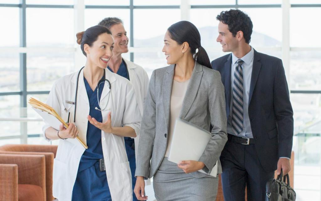 A group of business people and healthcare works walking together